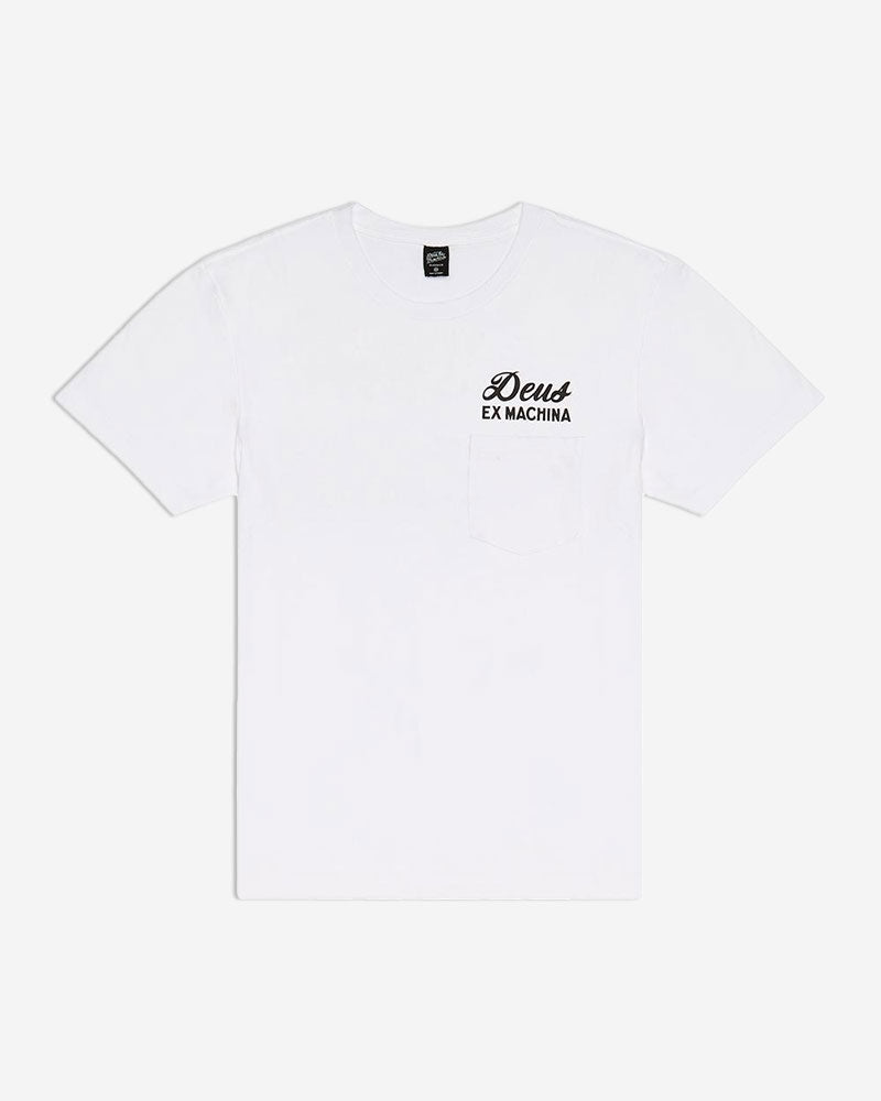 White regular fit pocket t-shirt with chest art and address back print, 190gm oe 100% cotton jersey fabrication with a garment wash
