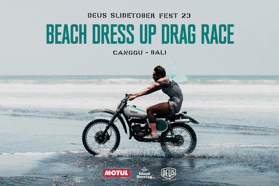 A giraffe, a dinosaur and a guy in a skirt go to the beach. The Slidetoberfest Dress Up Beach Drag Race