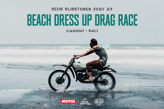 A giraffe, a dinosaur and a guy in a skirt go to the beach. The Slidetoberfest Dress Up Beach Drag Race