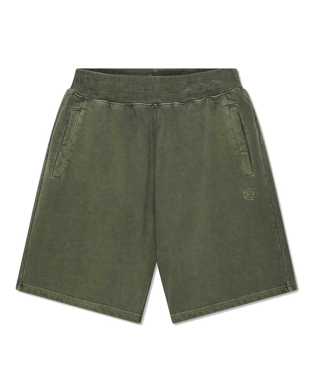 shield-garment-dyed-track-short-cypress-green|Flatlay