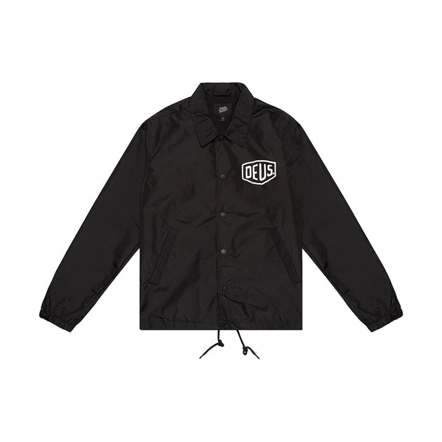 Black regular fit classic  coach jacket with chest and back address print, 100% nylon fabrication