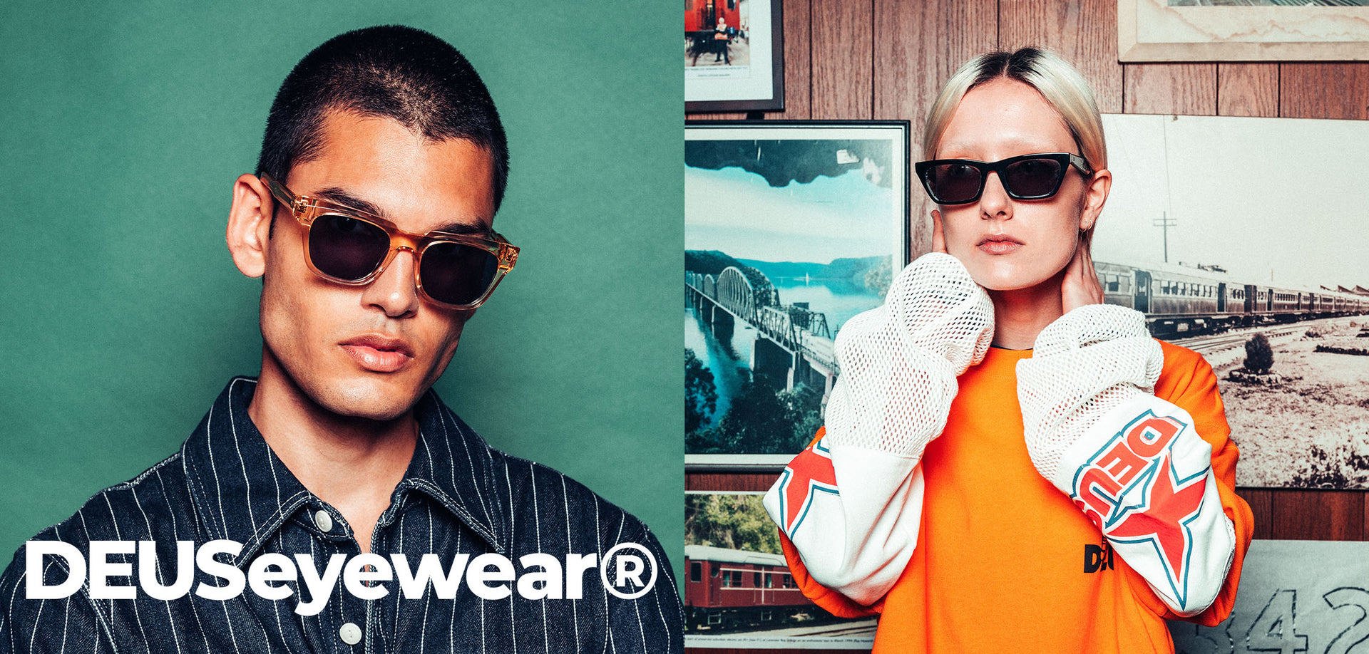 A man and woman wearing different models of Deus Eyewear, featuring transparent and angular frames