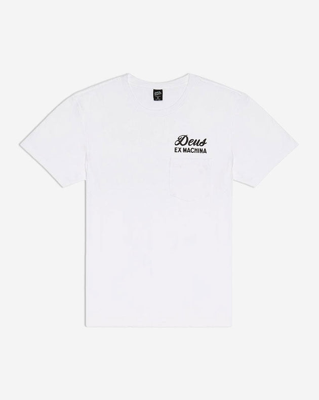 White regular fit pocket t-shirt with chest art and address back print, 190gm oe 100% cotton jersey fabrication with a garment wash