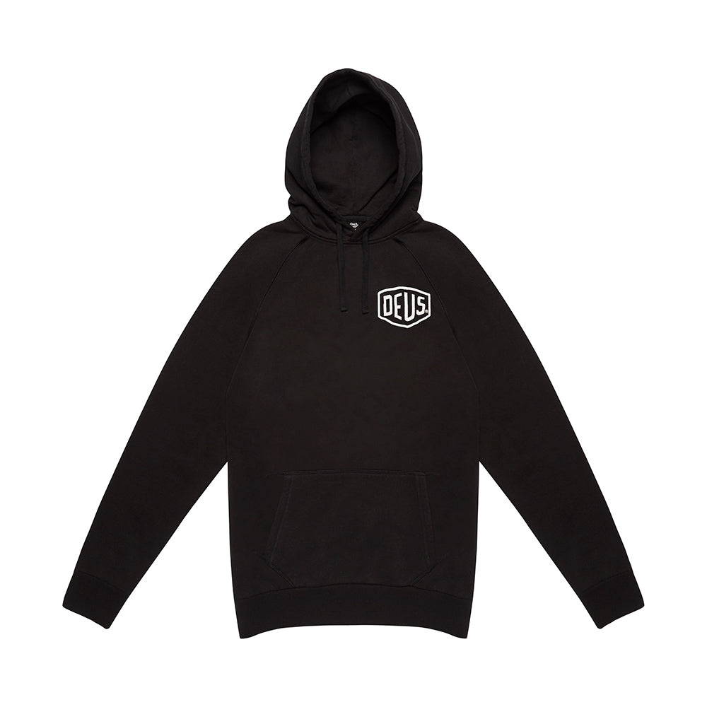 Black regular fit classic raglan hoodie with chest art and address back print, 380gm oe 100% cotton brushed back fleece fabrication with a garment wash