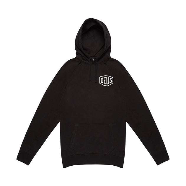Black regular fit classic raglan hoodie with chest art and address back print, 380gm oe 100% cotton brushed back fleece fabrication with a garment wash