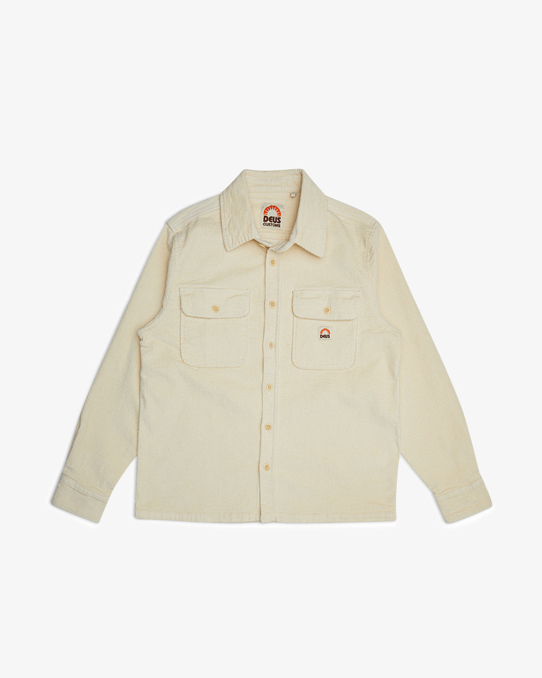white regular long sleeve shirt with double chest pockets, woven branded label, 98% cotton 2% elastane fabrication with a heavy enzyme stone wash