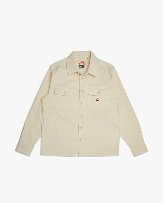 white regular long sleeve shirt with double chest pockets, woven branded label, 98% cotton 2% elastane fabrication with a heavy enzyme stone wash
